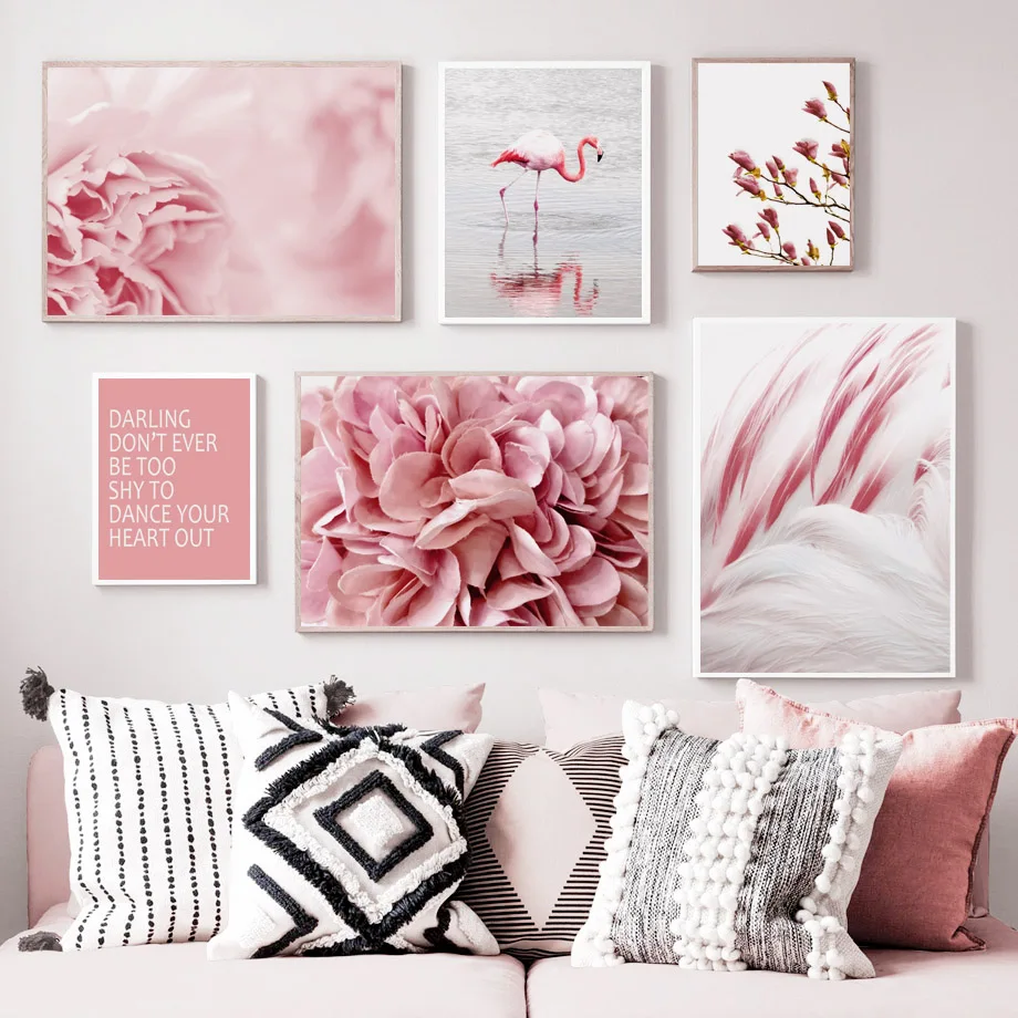 

Pink Landscape Flamingo Flower Feather Quotes Wall Art Canvas Painting Nordic Posters And Prints Wall Pictures For Living Room