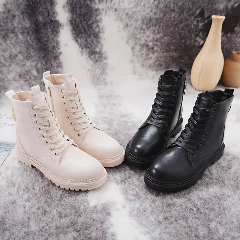 

Fashion Zipper Flat Shoes Woman's High Heel Platform PU Leather Female Lace Up Girls Retro Motorcycle Martin Ankle Boots 35-40
