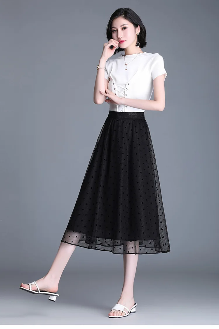 

Black Dot Mesh Elegant Skirt Summer Women Plus Size Korean High Waist Loose Big Swing Casual Mid-long A-line Skirts Plus 3072