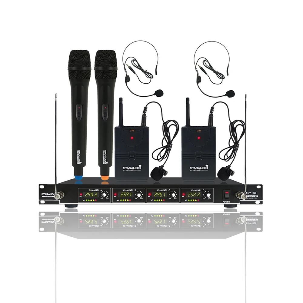 

4 Channel VHF Wireless Microphone System Dual Handheld Microphone Dual Headset In-Ear microphone For Karaoke Club SMV-4000A+B