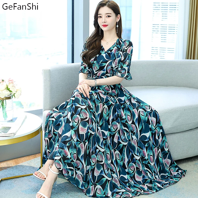 

Spring Summer V-Neck Chiffon Floral Bohemian Short Sleeve Women Dress Elegant Ladies Chic Dresses Robe Fashion Beach Clothing