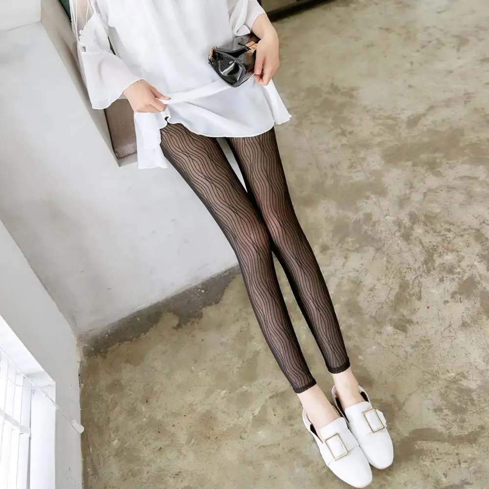 lady summer fashion lace Leggings black gray striped breathable stretched pants casual slim style thin leggings | Женская одежда