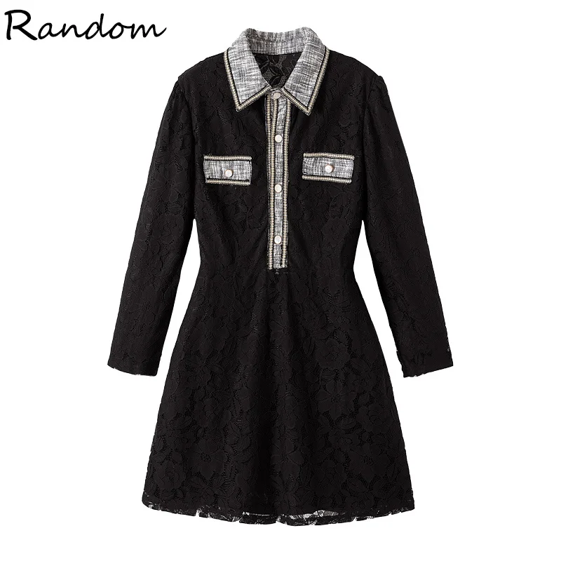 Женское кружевное платье-рубашка черно-белое повседневное элегантное модное