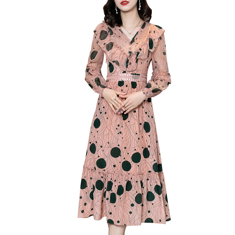 

Ruffle Elegant Fairy Print Dress Early Spring 2021 New Slim Long Sleeve Silk Dress Spring