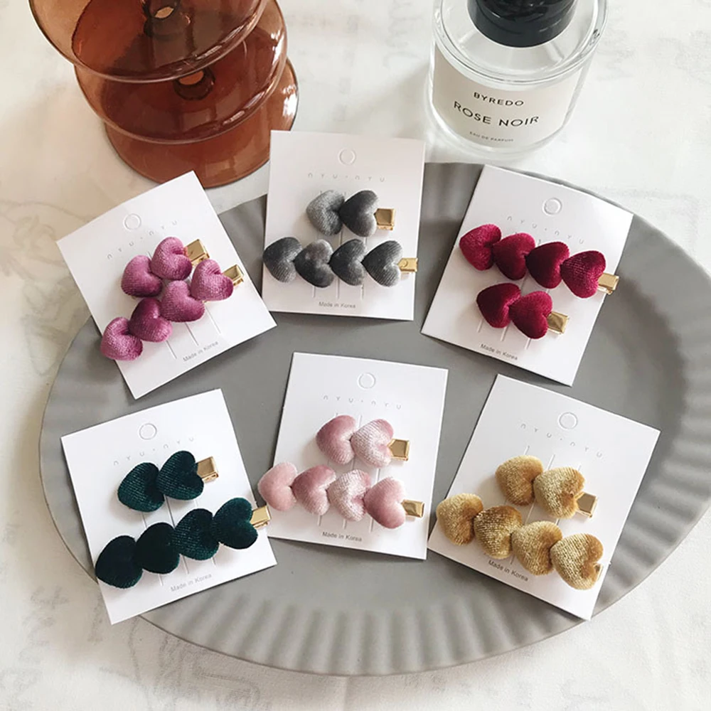 Женские бархатные заколки в форме сердца Винтажные для волос 2 шт. корейская мода