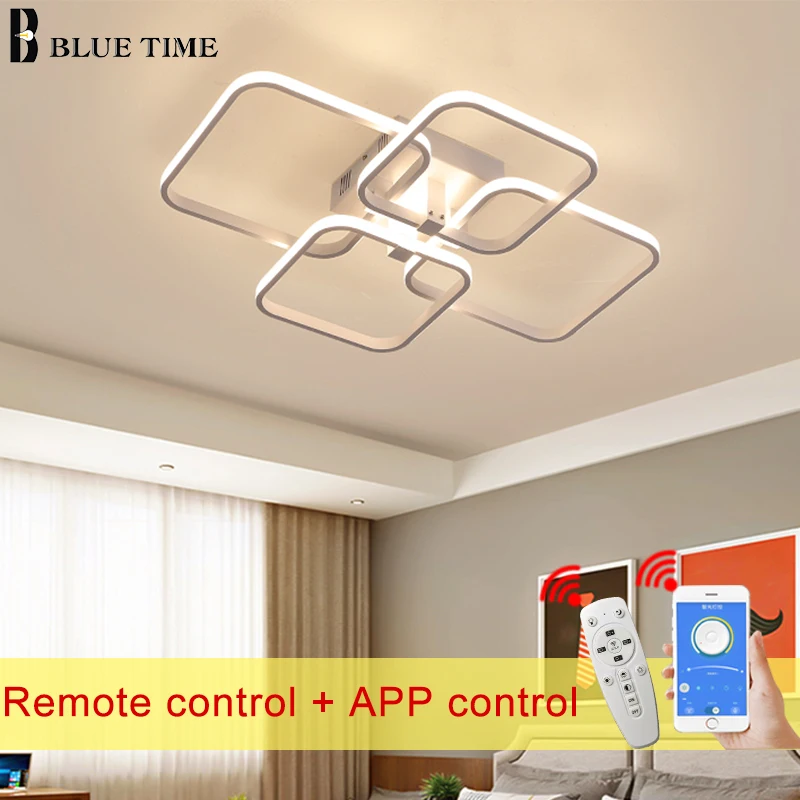 Luces de techo LED modernas para sala de estar, dormitorio, comedor, marco blanco y negro, aplicación RC, anillos circulares cuadrados, lámparas de techo LED