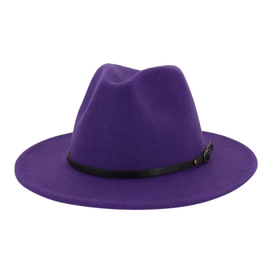 Purple Винтажные джазовые шапки, шерстяная фетровая шляпа с широкими полями для женщин и мужчин, шерстяные зимние осенние Удобные однотонные кепки# YJ2 - Цвет: Purple