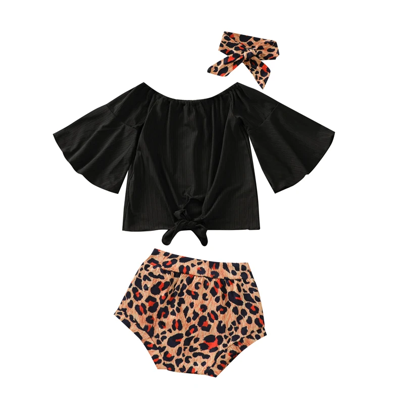 

Pudcoco 6M-3Y 3Pcs Summer Lovely Girls Clothes Sets Flare Sleeve Off-the-Shoulder Solid Tops+Leopard/Sunflowers Shorts+Headband
