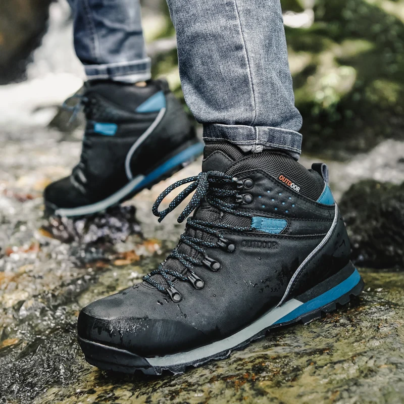 Brand Genuine Leather Climbing Trekking Boots Men Outdoor Mens High Top Hiking Shoes Waterproof High Quality Hunting Boots Men