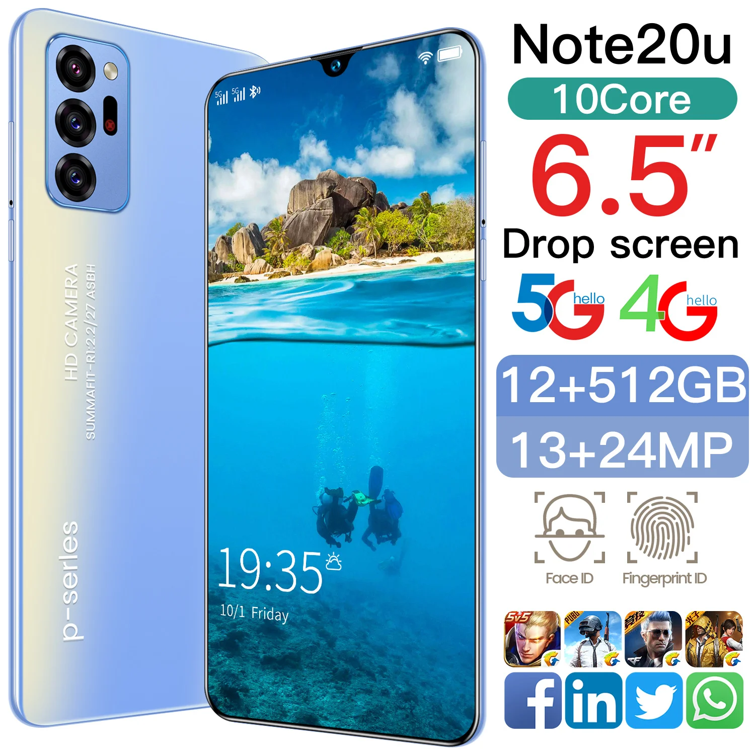 

SAILF Note20u Android 10.0 Mobile Phone 6.5' FHD+ 24MP Triple Camera 12G RAM 512GB ROM Smartphone 4G gsm Global