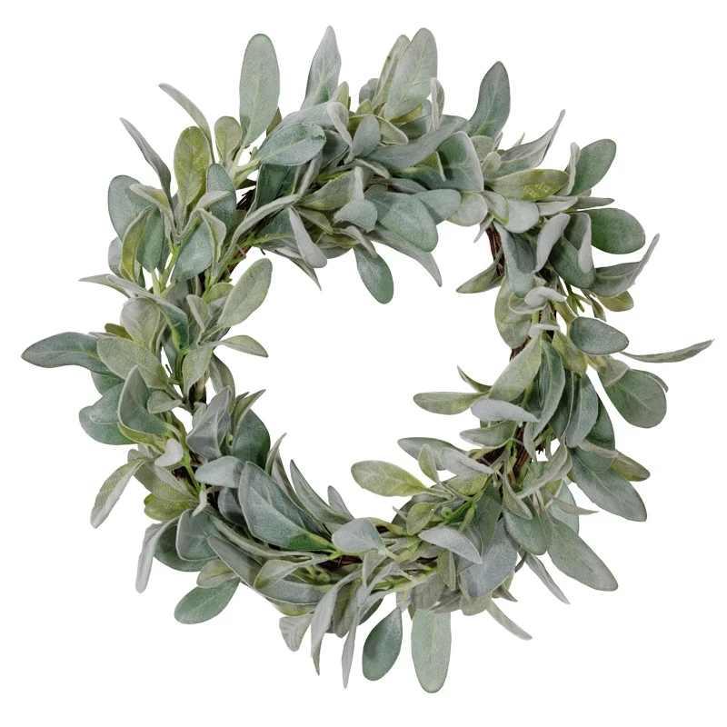 

Farmhouse Flocked Lambs Ear Wreath Year Round Everyday Foliage Grapevine Wreath with Leaves for Front Door Wreath Decor