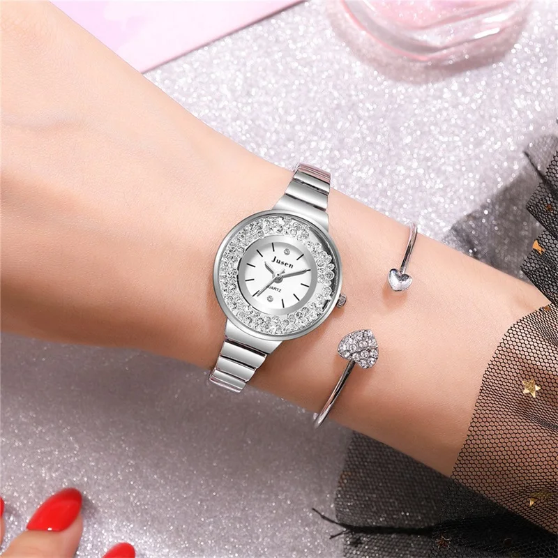 Women's Vogue Rhinestone Watches Qualities Ladies Stainless Steel Wristwatches Simple Silver Female Quartz Watch Montre Femme