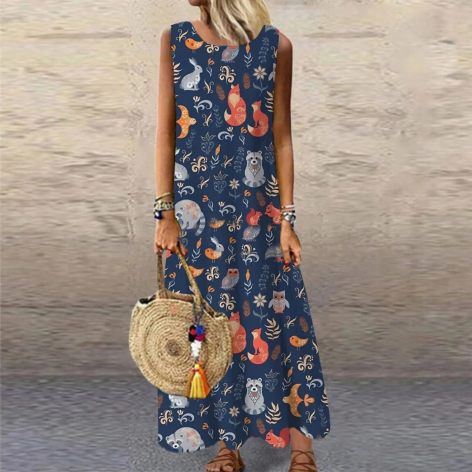 Летнее женское свободное Повседневное платье с рисунком юбка без рукавов