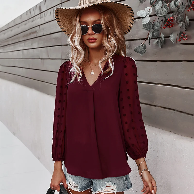 

Spring/Summer Women Long Sleeve Shirt Holiday Style V Neck Female Tops And Blouse Solid Color Casual Temperament Elegant Shirt