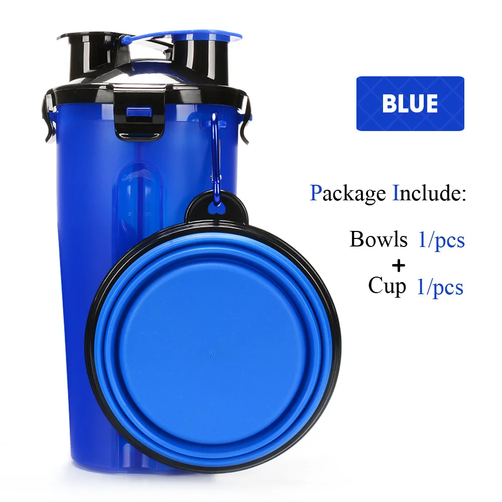 blue wIth 1 bowl Портативная 2 в 1 ПЭТ бутылка для воды контейнер для еды со складной силиконовой миской для домашних животных уличная дорожная кормушка для кошек и собак чашка - Цвет: blue wIth 1 bowl