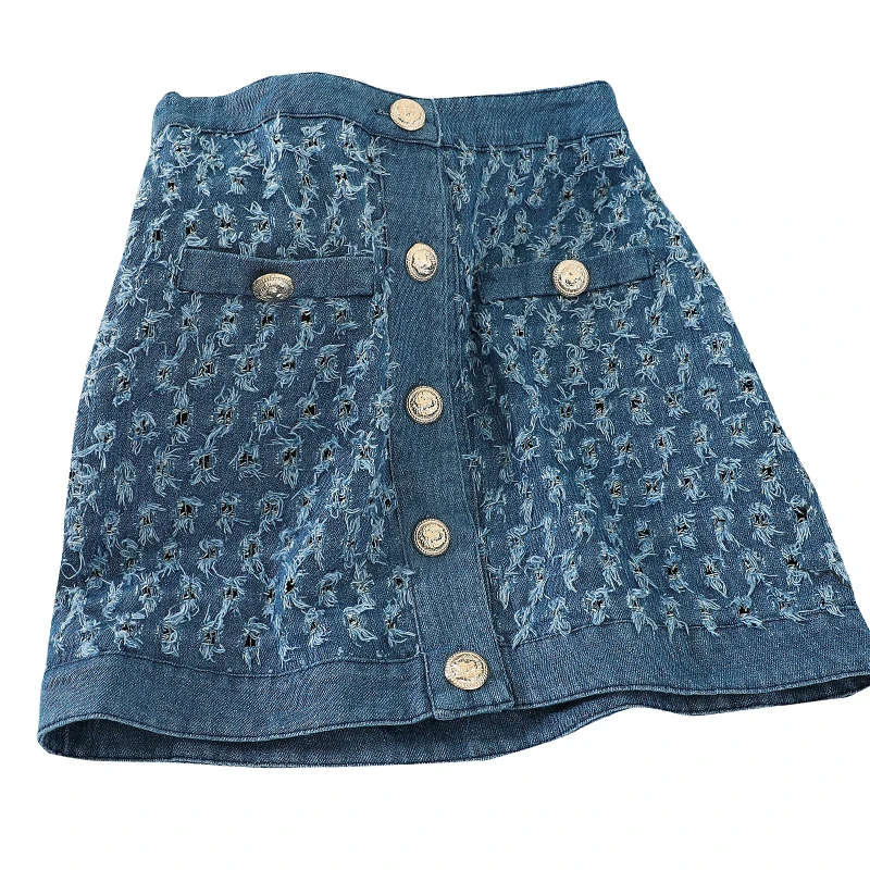 Короткая юбка для женщин Однобортный трапециевидной формы синего джинсового