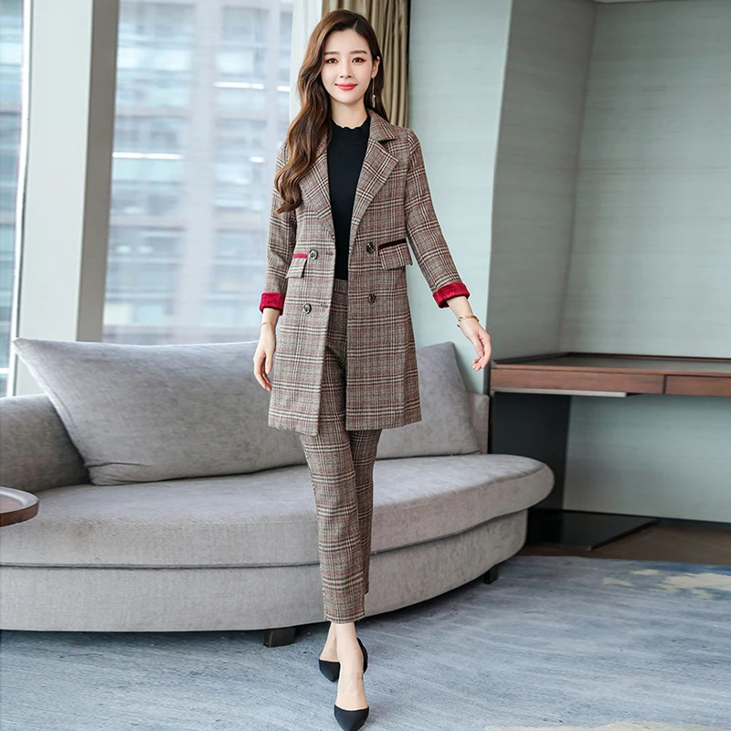 Клетчатый длинный женский костюм со штанами большого размера M XL осень 2019 новый