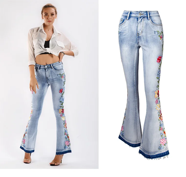 

2021 new heavy industry three-dimensional 3D embroidery women's jeans trousers flared pants jeans for women