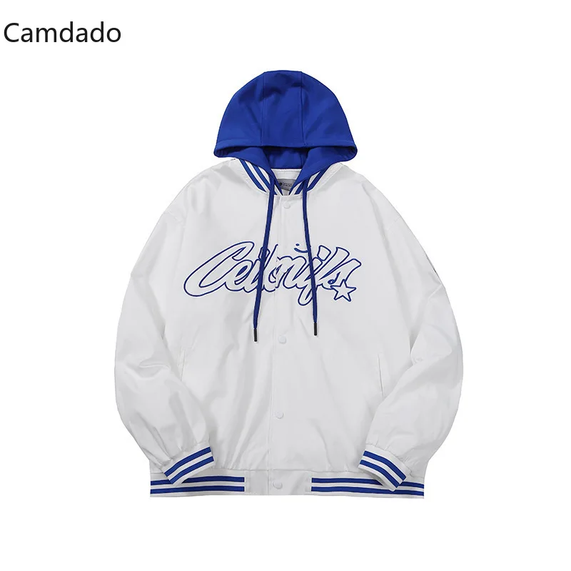 

Men Street letter embroidery baseball uniform jacket Spring Autumn Women couple personality fake two-piece hooded jacket 2022
