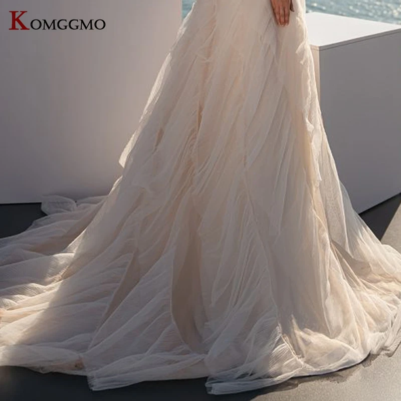 

100% Real Strapless Embroidery Appliques Tulle Chapel Train A-Line Wedding Dress Elegant Off the Shoulder Crystal Bridal Gown