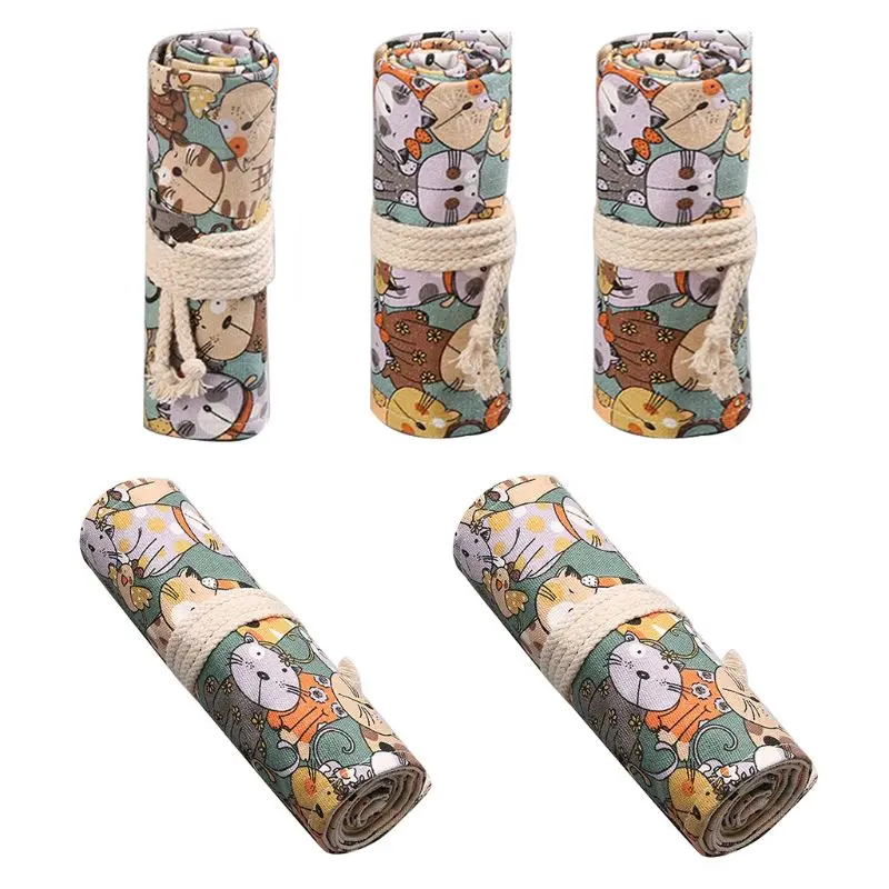 

Cartoon Cat 12/24/36/48/72 Holes Canvas Roll Pen Curtain Pencil Bag Case Makeup Wrap Holder Storage Pouch School Supplies