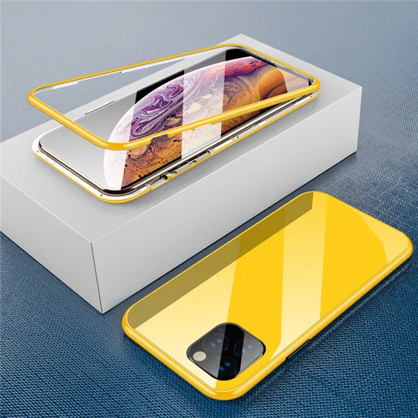 Yellow Магнитный адсорбционный чехол ярких цветов 360 на для iPhone 11 Pro MAX чехол из закаленного стекла для iPhone XS MAX XR X 7 8 Plus чехол на для айфон 11 Pro Max X XR XS MAX 7 8 плюс - Цвет: Yellow
