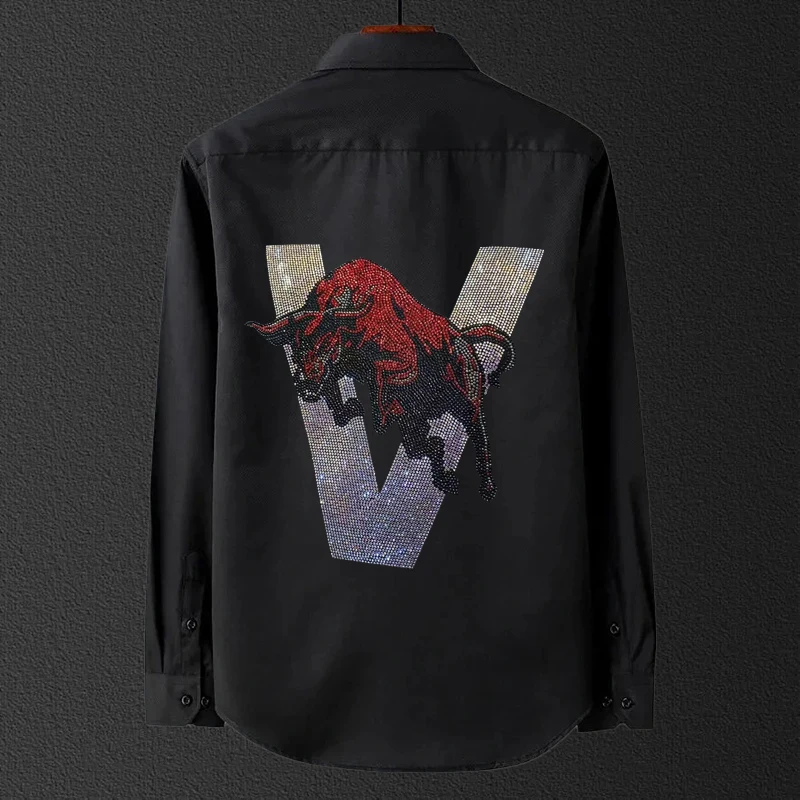 Men Shirt Spring Casual Long Sleeve Chemise Business Button Formal Suit Suitable for Party Hot Diamond Blouse Stand Collar Male