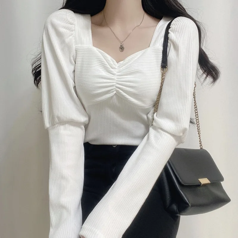 

Fashion Women T-Shirt 2021 Spring Autumn French Simple Temperament Girls Retro Sexy Pleated Design Puff Sleeve Knitted Pullovers