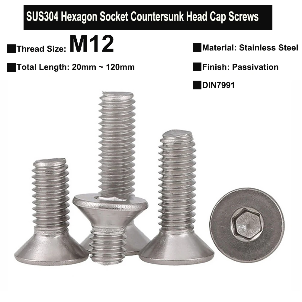 

2Pcs/1Pc M12 SUS304 Stainless Steel Hexagon Socket Countersunk Head Cap Screws DIN7991 Total Length 20mm-120mm