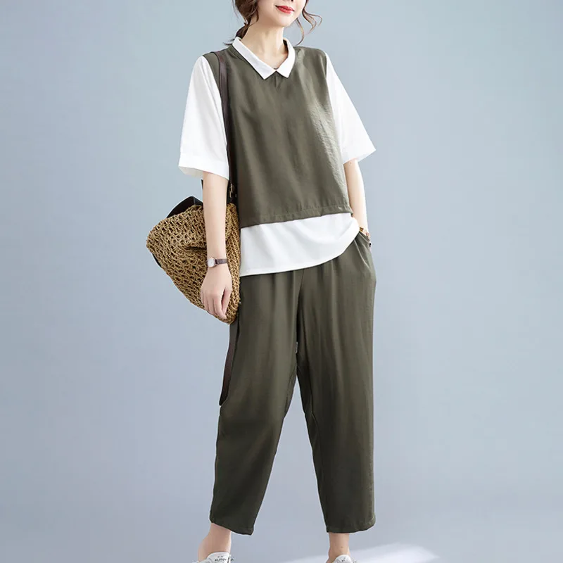 

IEQJ Black Big Size Color Block Top + Casual Nine-point Pants Two-piece Suit New Loose Women Fashion Tide Summer 2021 3F0430