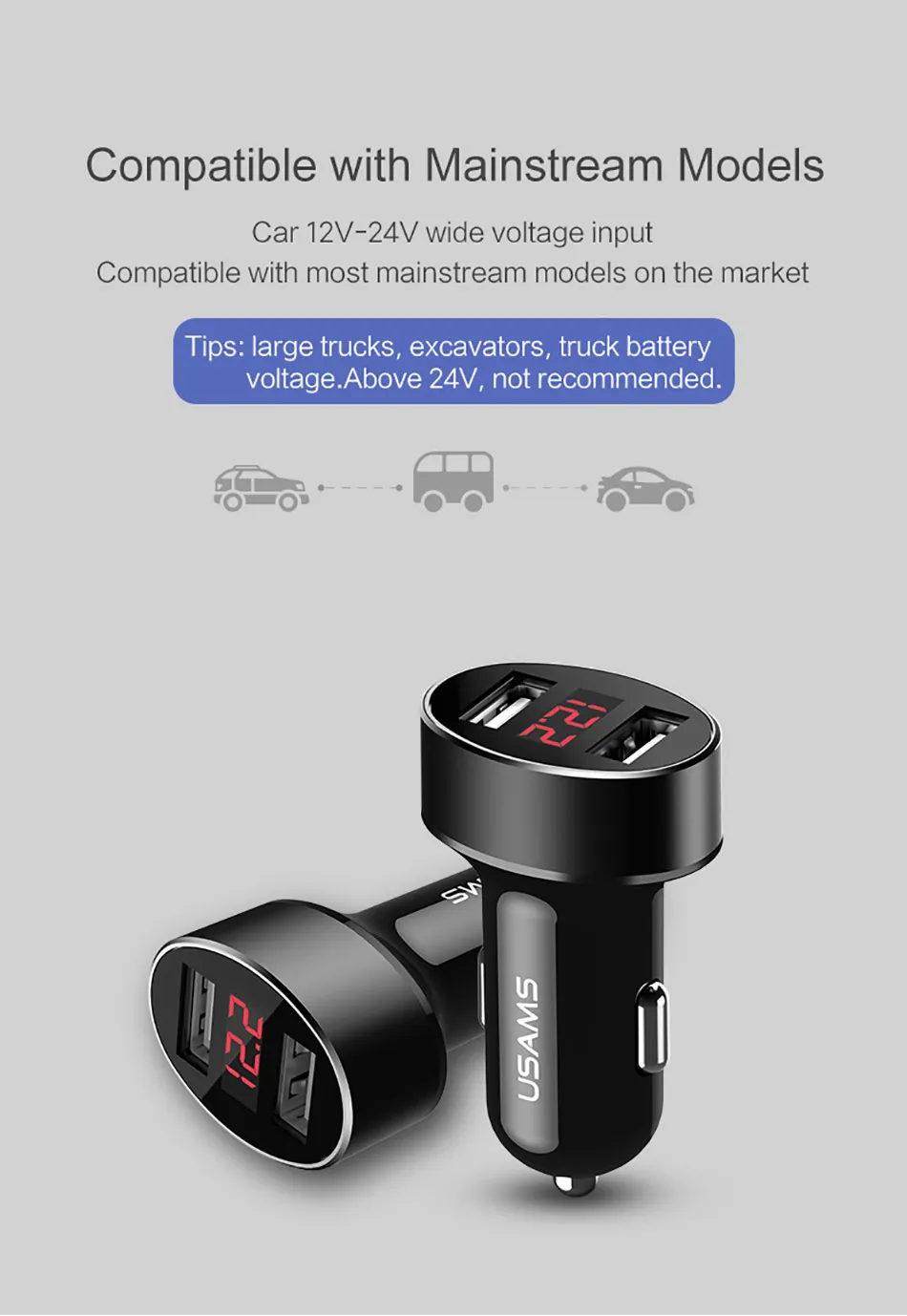 Автомобильное зарядное устройство USAM двойное автомобильное usb-устройство для зарядки телефона светодиодный дисплей USB зарядное устройство для samsung Xiaomi huawei универсальное USB зарядное устройство для телефона планшета