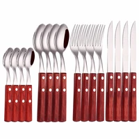wooden handle tableware set stainless steel cutlery set 16pcs silverware kitchen set dinnerware reusable flatware dropshipping
