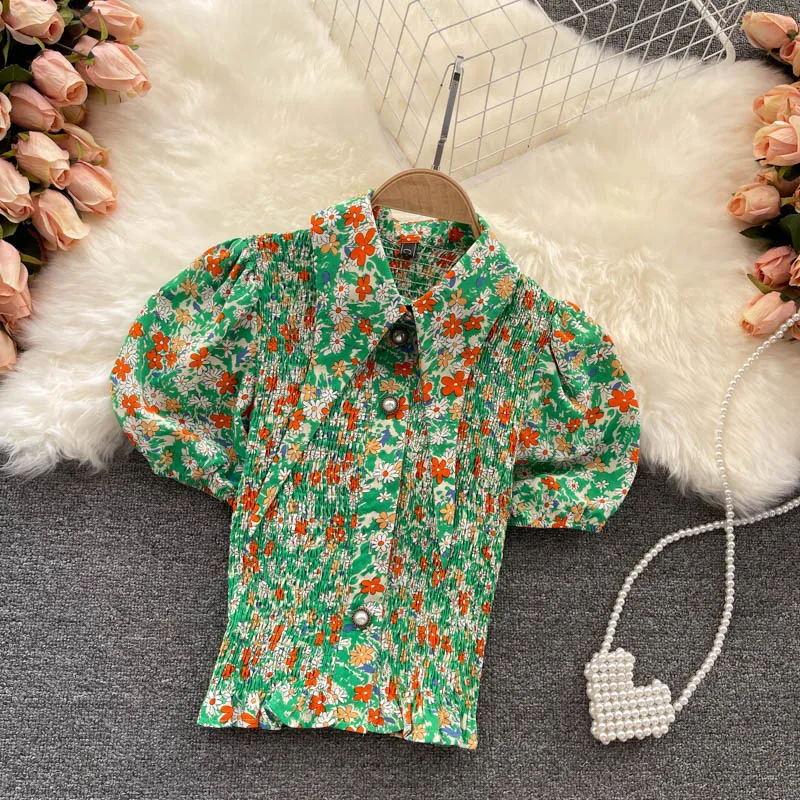 

2021 summer new product shirt female design sense niche lapel age reduction puff sleeve slim short floral top