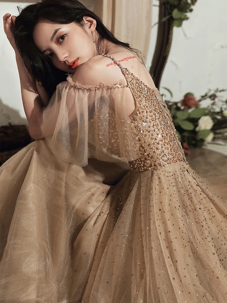 

Sexy V-neck Spaghetti Straps Off The Shoulder A-line Floor-length Tulle Women Formal Dresses Long Luxury Sequin Beading Evening