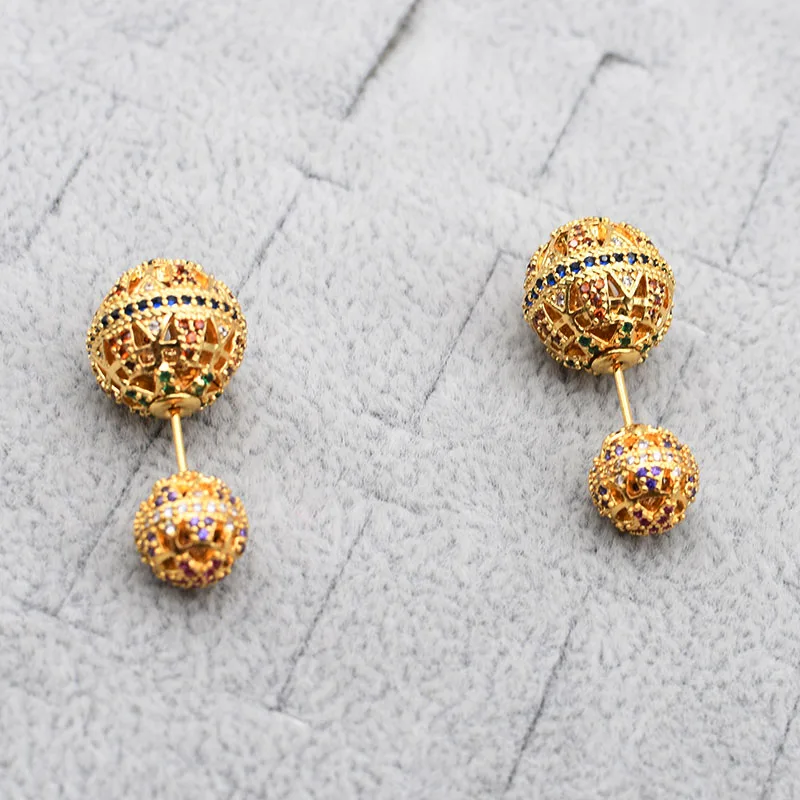 

14mm High Quality Women Fashion Jewelry,Mix Color Double Multicolour Gold Ball Stud Earrings with CZ Zirconia Earring