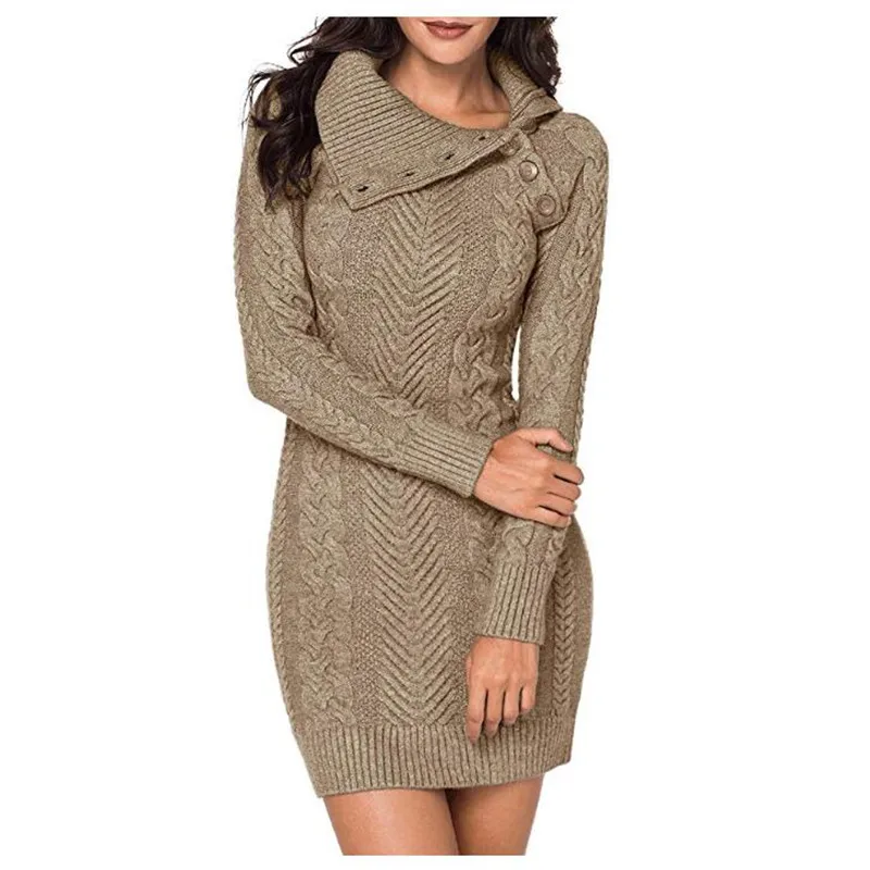 

Women Slim Fit Asymmetric Buttoned Collar Long Sleeve Knit Long Sweater Midi Dress
