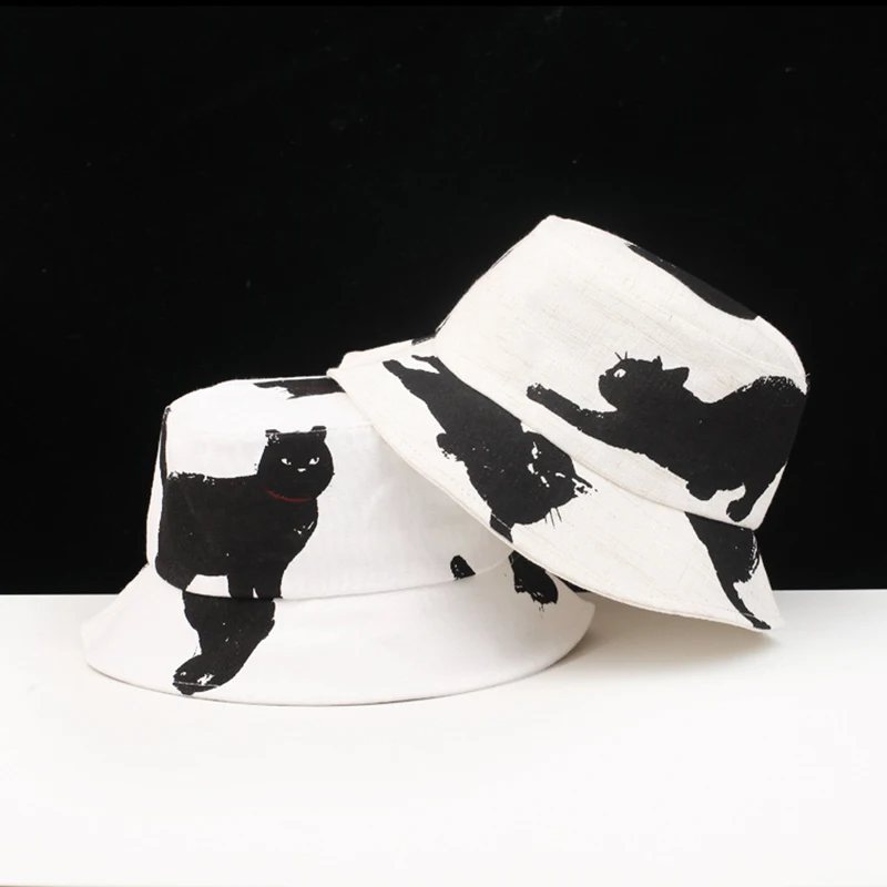 

New design spring autumn cotton linen unisex rabbit cat print ease match artistic casual outing fisherman hats basin bucket hat