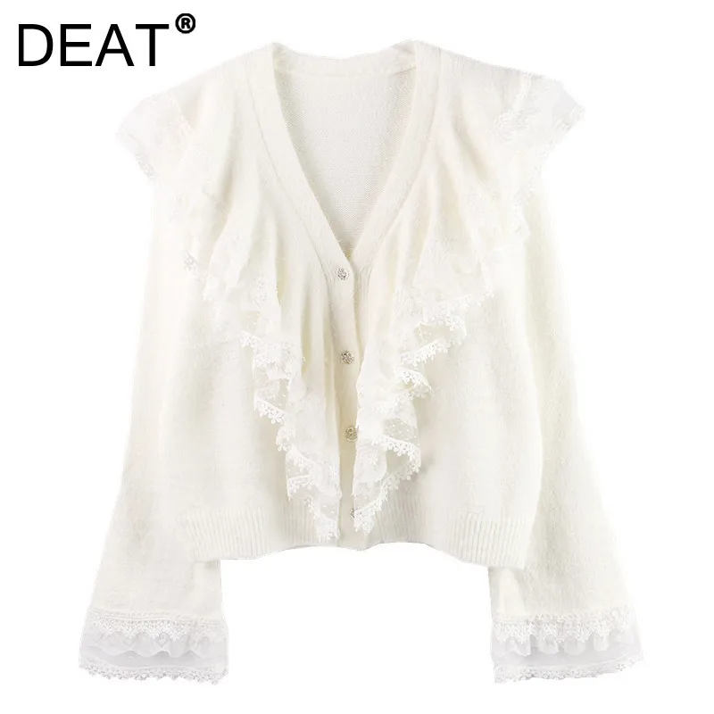 

DEAT 2021 New Autumn Winter Fashion Casual Long Sleeve V Neck Loose Lace Stitching Sweater Knitting Cardigan Coat Women SL522