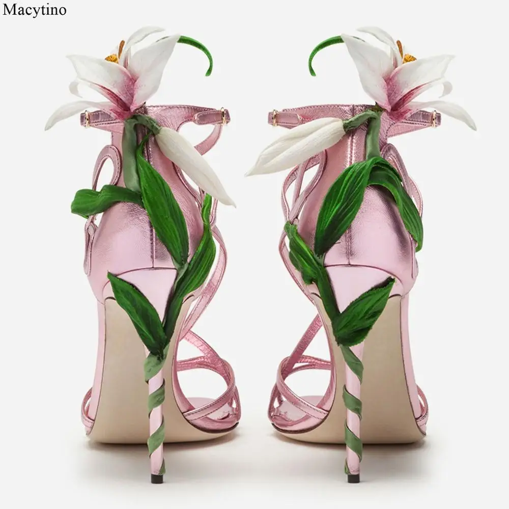 Женские летние цветочные сандалии украшенные высокие каблуки с перекрестными