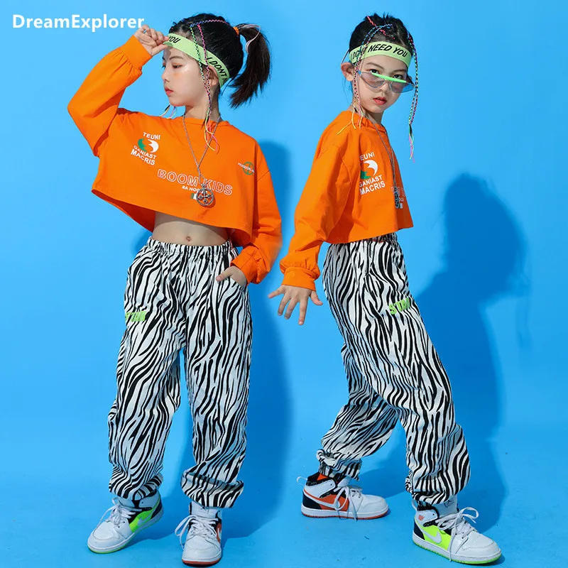 

Girls Hip Hop Crop Top Zebra Stripe Joggers Clothes Set Kids Streetwear Child Sweatshirt Sport Pants Teen Jazz Street Dance Wear