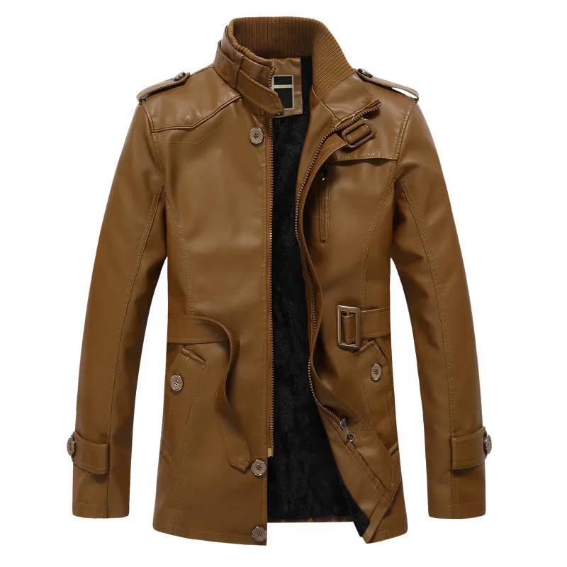 

Зимняя кожаная куртка, Мужская Флисовая модель, зимнее кожаное пальто, мужская кожаная куртка с поясом, верхняя одежда средней длины из иску...