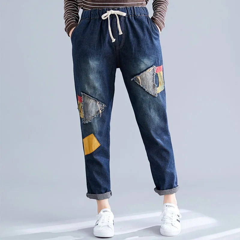 

Женские джинсовые брюки до щиколотки, повседневные свободные хлопковые брюки-шаровары с поясом на резинке, модель V113 на весну-осень, 2021