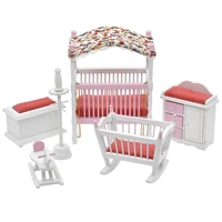 dollhouse miniature bedroom furniture set crib bed cabinet cockhorse dress hang cradle 6pcs for doll house accessories