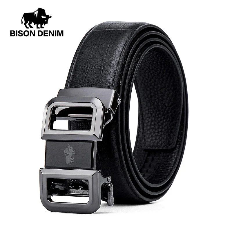 Black Belt BISON джинсовый мужской ремень из натуральной кожи Пряжка из сплава роскошный ремень из коровьей кожи высокого качества мужской ремень N71505 - Цвет: Black Belt