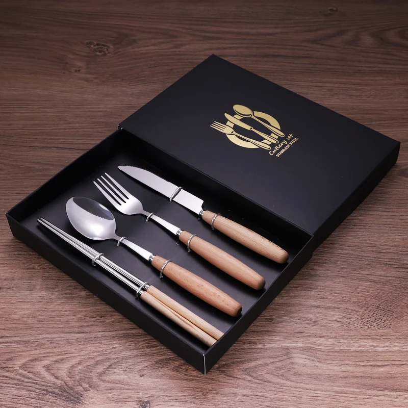 

Luxury Dinnerware Set Knife Fork Spoon Wooden Tableware Stainless Steel Table Cutlery Kitchen Flatware Set Zero Waste Gift Box