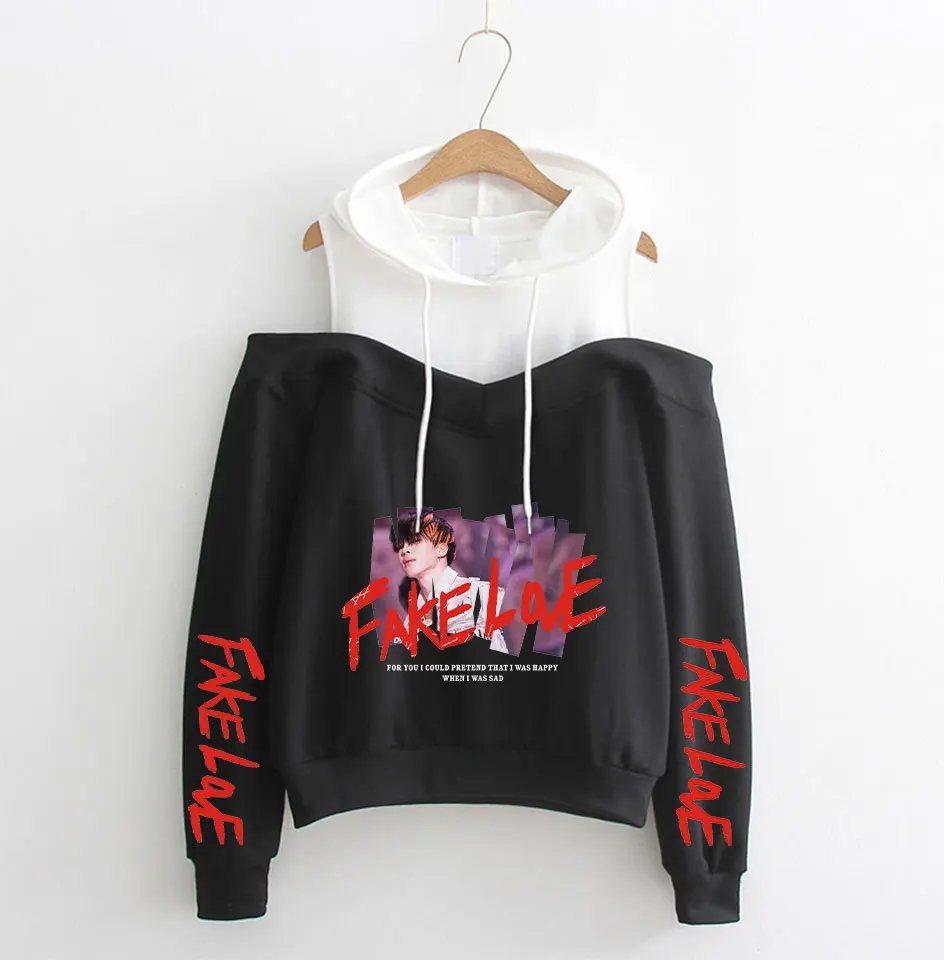 

Модные популярные толстовки Bangtan Boys с имитацией любви с открытыми плечами для женщин, Модный свитшот с принтом, худи с имитацией любви, женск...