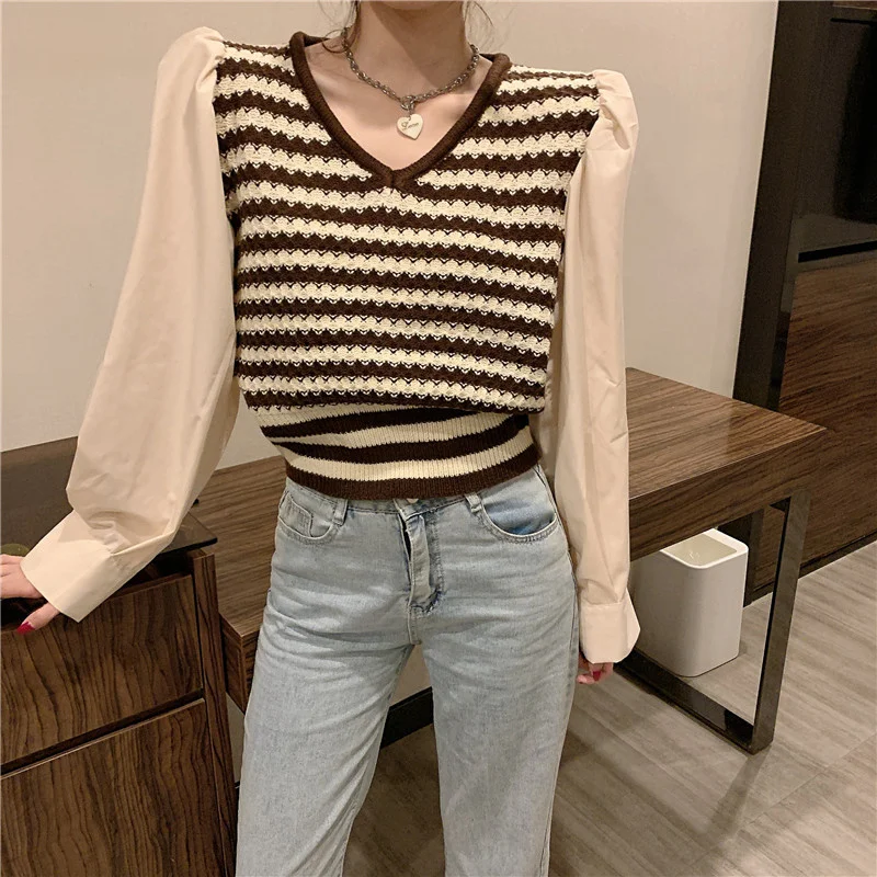 

Женский свитер в полоску, с длинным рукавом и V-образным вырезом