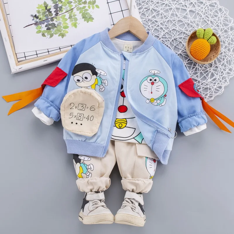 Spring Autumn Doraemon Cartoon Baby Boys Girls Sets Clothes Toddler Kids Jacket+Long Sleeve T-shirt+Pants 3Pcs Suits Clothing | Детская