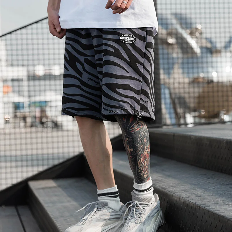 

Summer men's zebra stripe casual sports shorts basketball running fitness short sleeve Harajuku Street basic loose pants punk