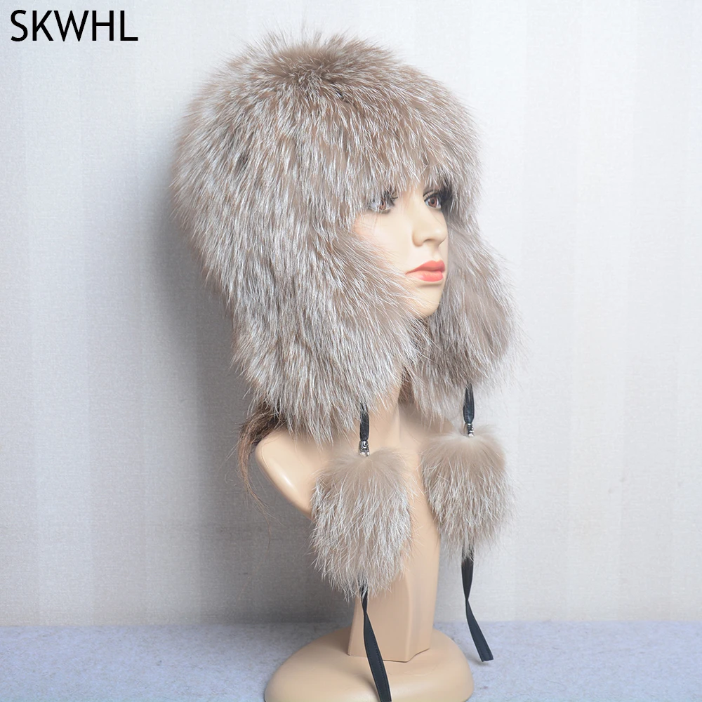 Luxury Women Natural Fox Fur Hat Real Fur Beanies Cap Knitted Hats Russian Brand Fashion Winter Warm Lady Cap Silver Fox Fur Hat